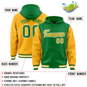 Custom Kelly Green Gold Raglan Sleeves Varsity Full-Snap Letterman Two Tone Hoodie Jacket