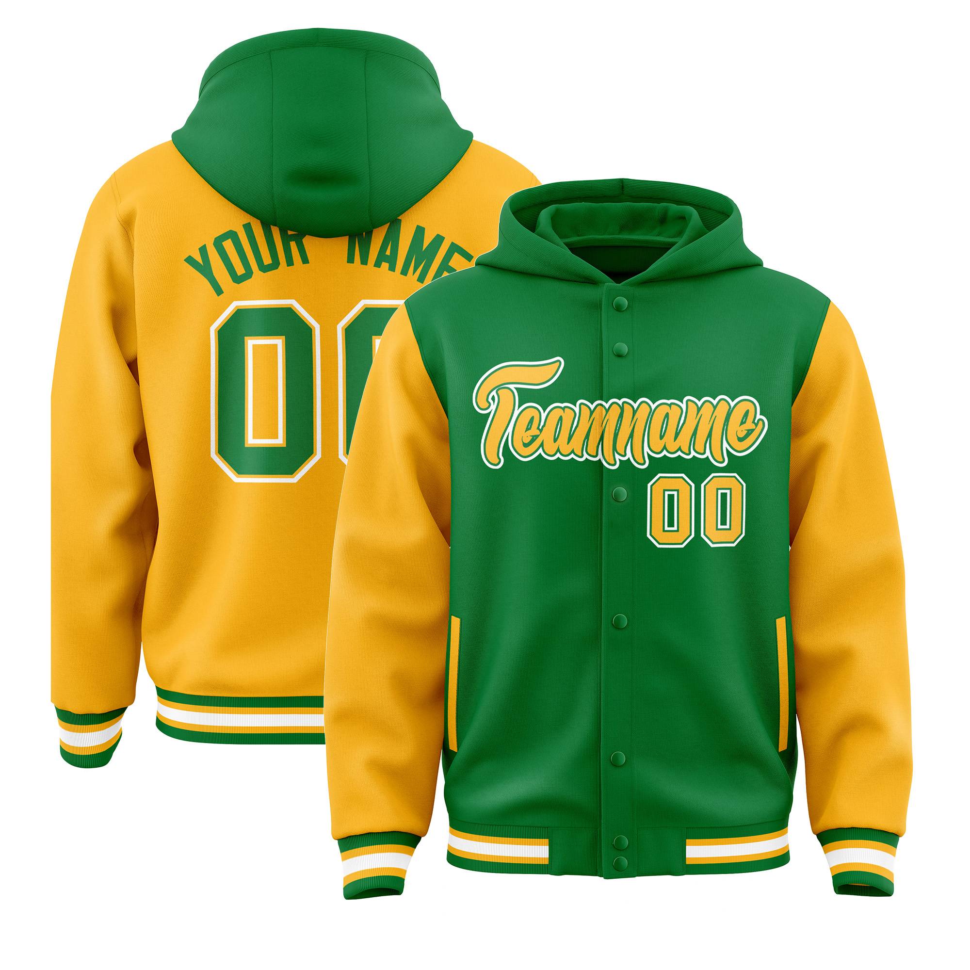 Custom Kelly Green Gold Raglan Sleeves Varsity Full-Snap Letterman Two Tone Hoodie Jacket