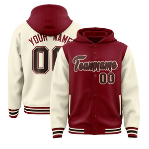 Custom Crimson Cream Raglan Sleeves Varsity Full-Snap Letterman Two Tone Hoodie Jacket