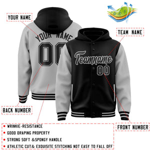 Custom Black Gray Raglan Sleeves Varsity Full-Snap Letterman Two Tone Hoodie Jacket