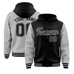 Custom Black Gray Raglan Sleeves Varsity Full-Snap Letterman Two Tone Hoodie Jacket