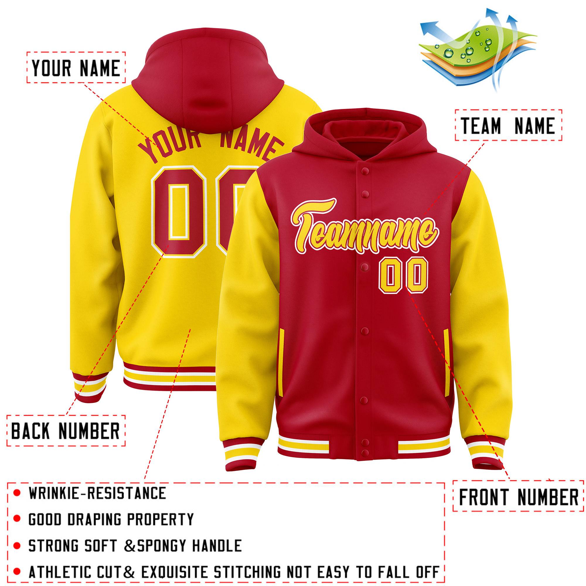 Custom Red Gold Raglan Sleeves Varsity Full-Snap Letterman Two Tone Hoodie Jacket