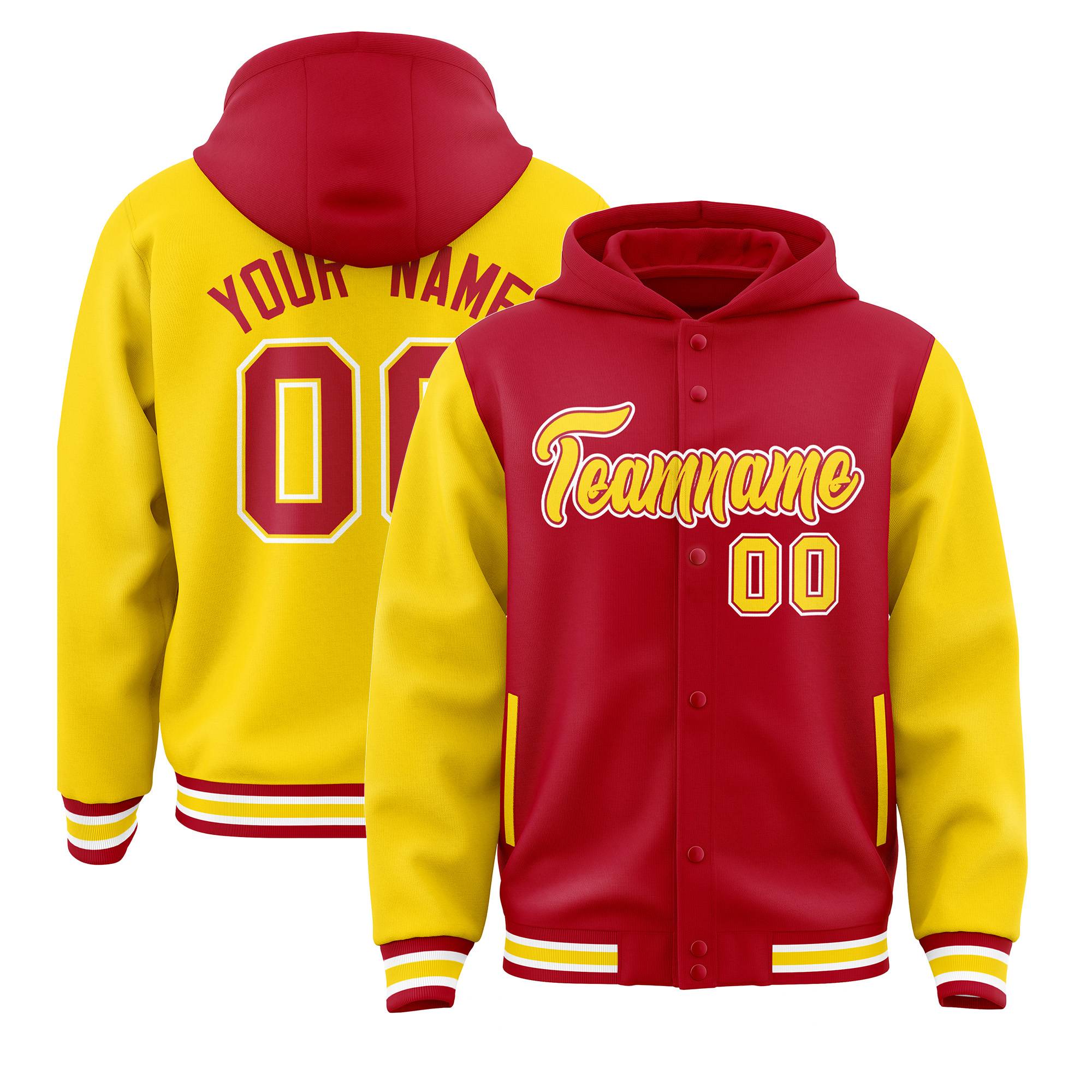 Custom Red Gold Raglan Sleeves Varsity Full-Snap Letterman Two Tone Hoodie Jacket