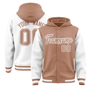 Custom Light Brown White Raglan Sleeves Varsity Full-Snap Letterman Two Tone Hoodie Jacket