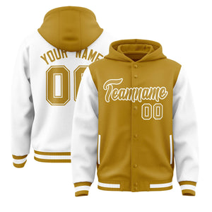 Custom Old Gold White Raglan Sleeves Varsity Full-Snap Letterman Two Tone Hoodie Jacket