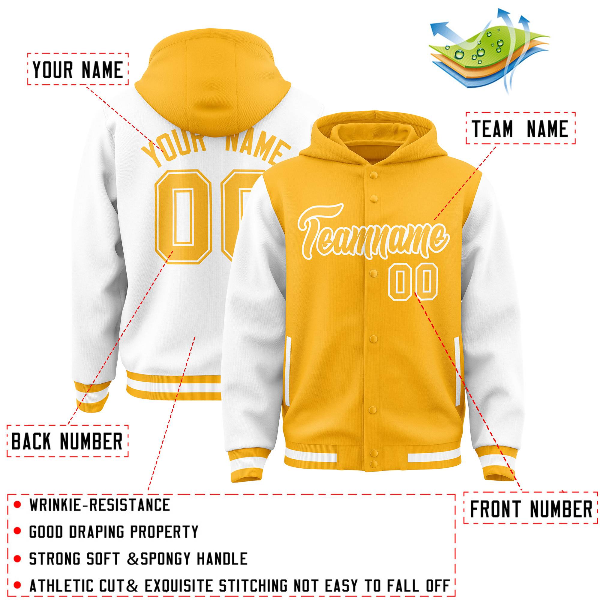 Custom Gold White Raglan Sleeves Varsity Full-Snap Letterman Two Tone Hoodie Jacket