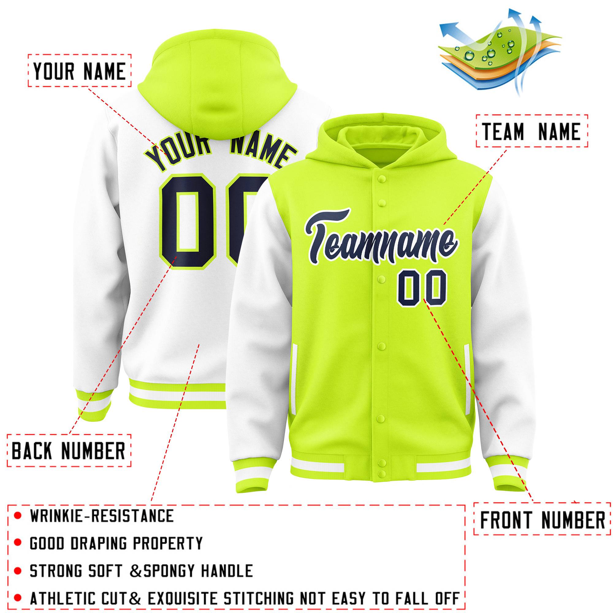 Custom Neon Green White Raglan Sleeves Varsity Full-Snap Letterman Two Tone Hoodie Jacket