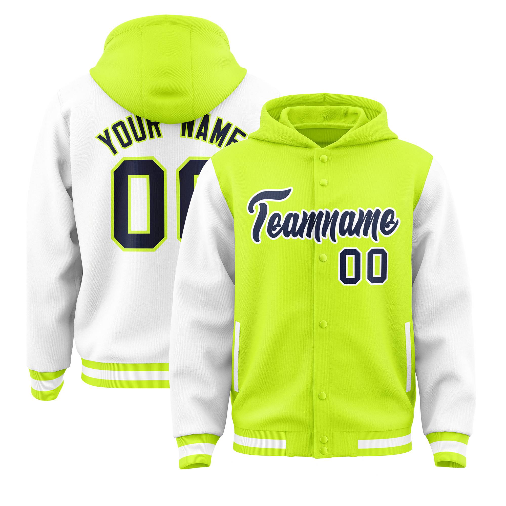 Custom Neon Green White Raglan Sleeves Varsity Full-Snap Letterman Two Tone Hoodie Jacket