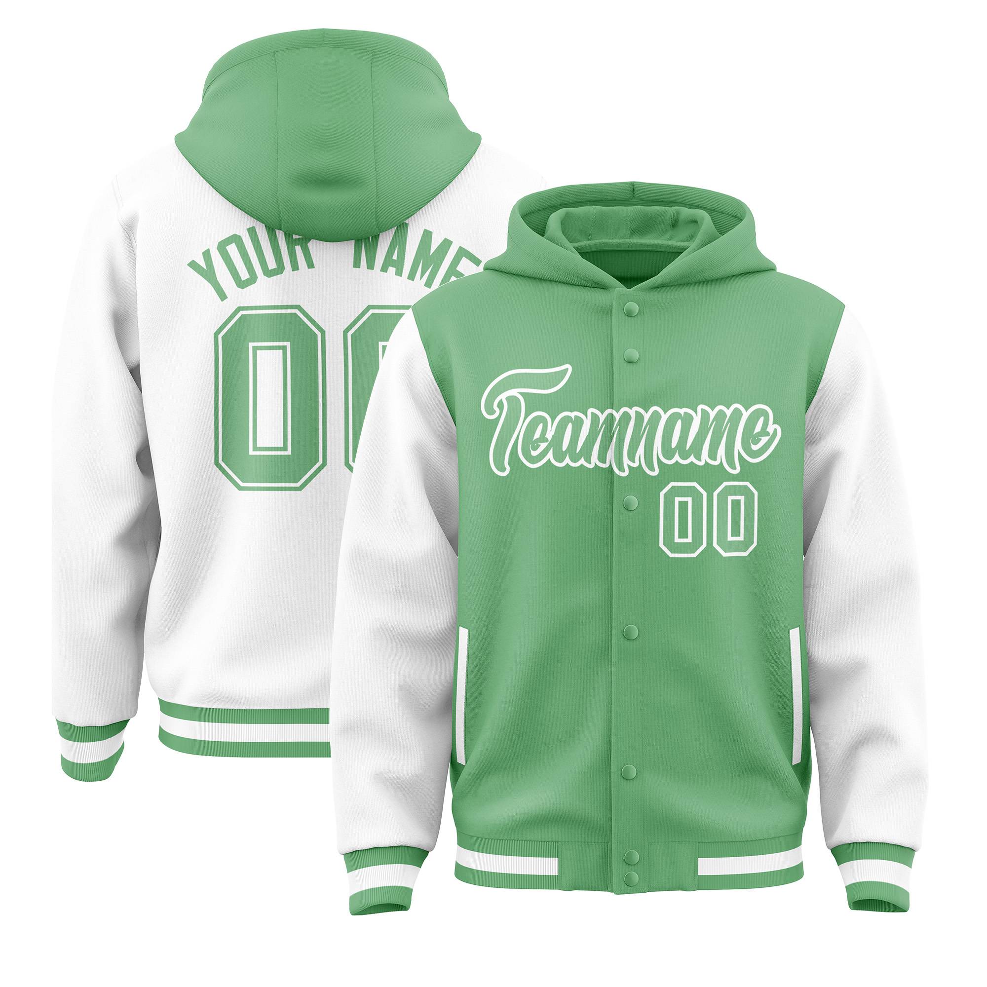 Custom Green White Raglan Sleeves Varsity Full-Snap Letterman Two Tone Hoodie Jacket