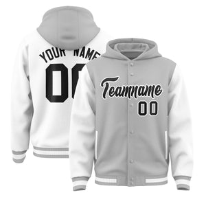 Custom Gray White Raglan Sleeves Varsity Full-Snap Letterman Two Tone Hoodie Jacket