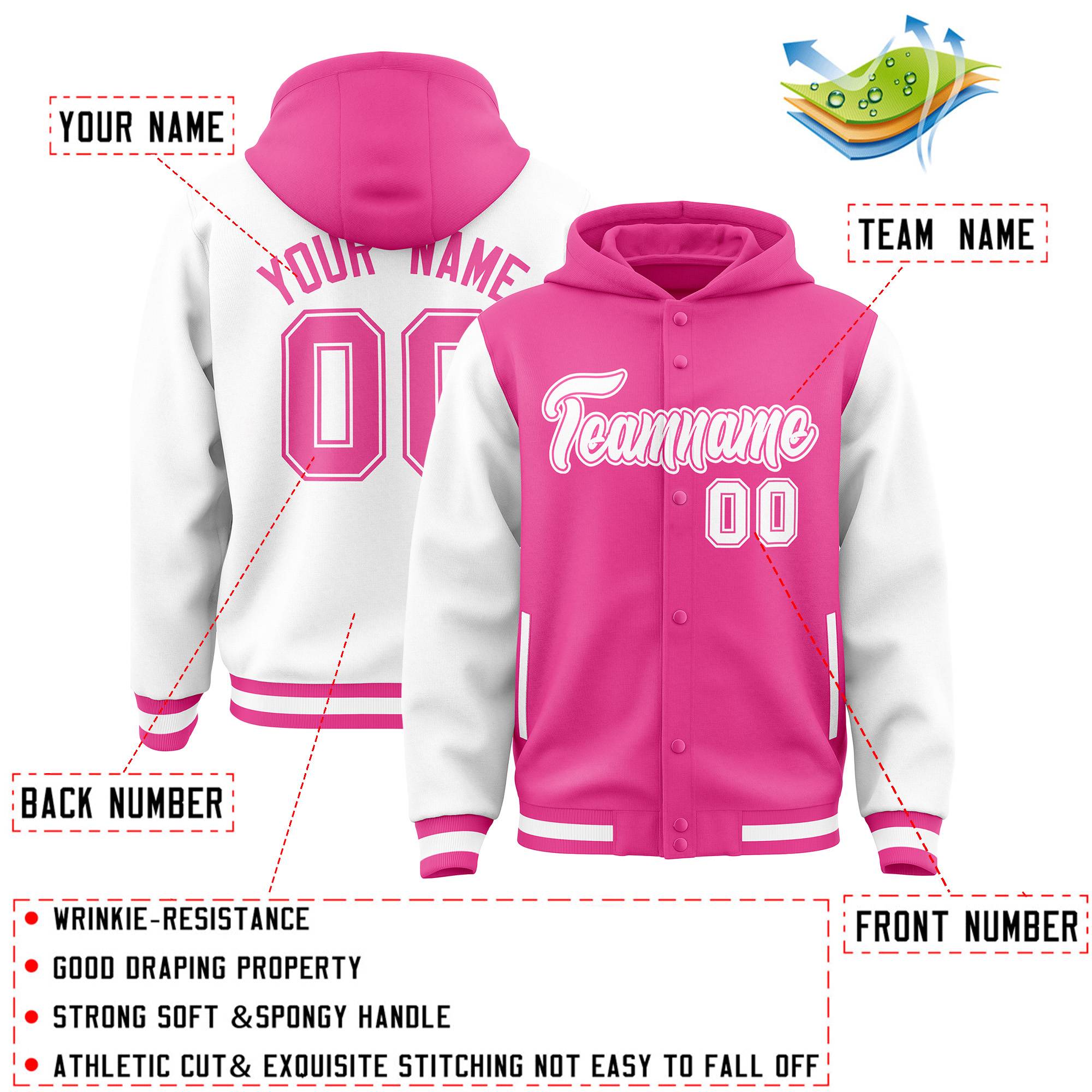 Custom Pink White Raglan Sleeves Varsity Full-Snap Letterman Two Tone Hoodie Jacket