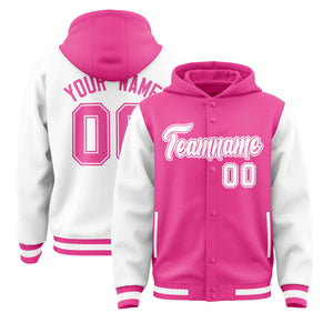 Custom Pink White Raglan Sleeves Varsity Full-Snap Letterman Two Tone Hoodie Jacket