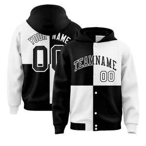 Custom Black White Varsity Full-Snap Four Squares Color Block Letterman Hoodie Jacket