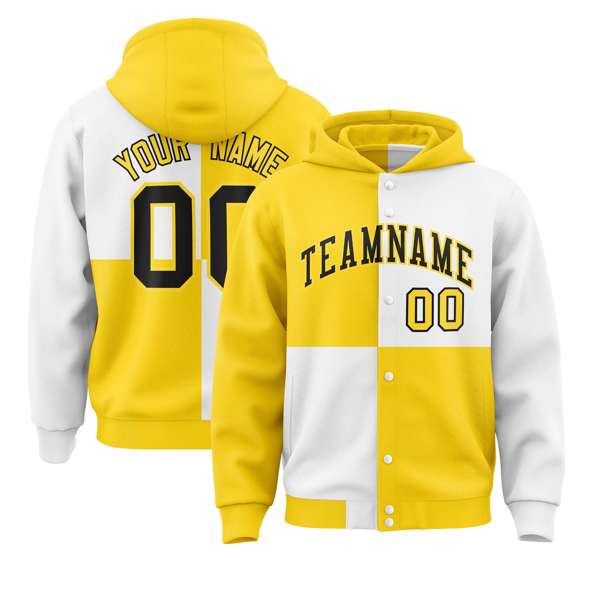 Custom Gold White Varsity Full-Snap Four Squares Color Block Letterman Hoodie Jacket