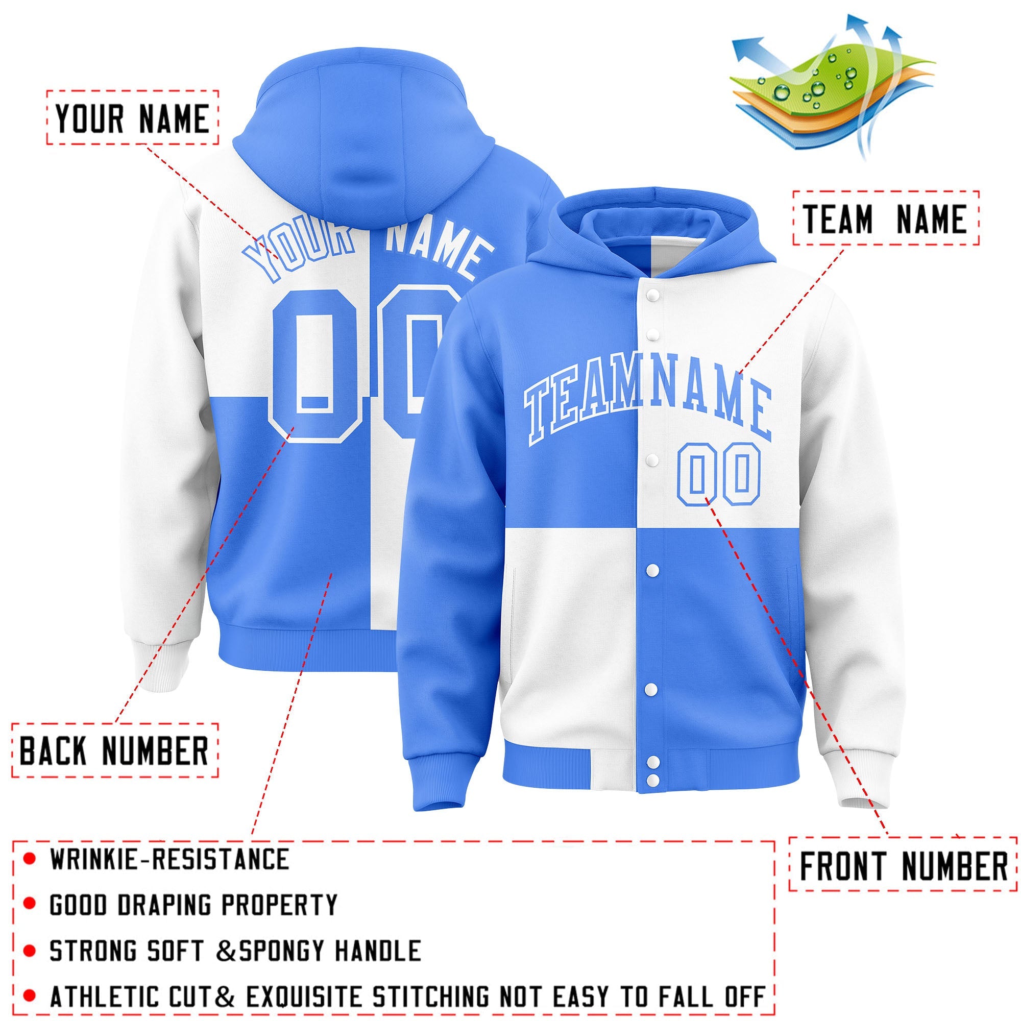 Custom Powder Blue White Varsity Full-Snap Four Squares Color Block Letterman Hoodie Jacket