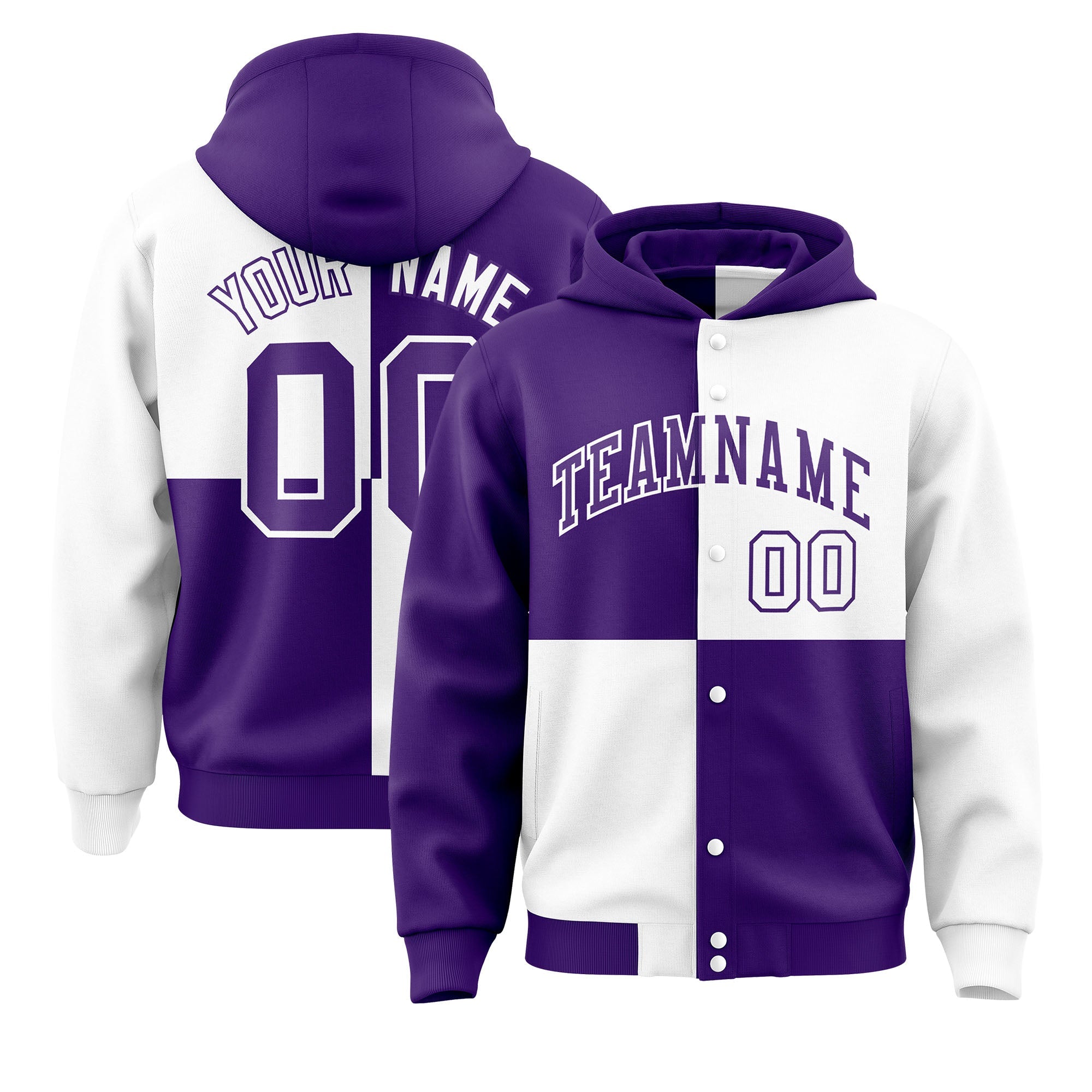 Custom Purple White Varsity Full-Snap Four Squares Color Block Letterman Hoodie Jacket