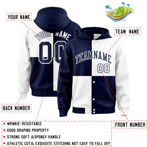 Custom Navy White Varsity Full-Snap Four Squares Color Block Letterman Hoodie Jacket