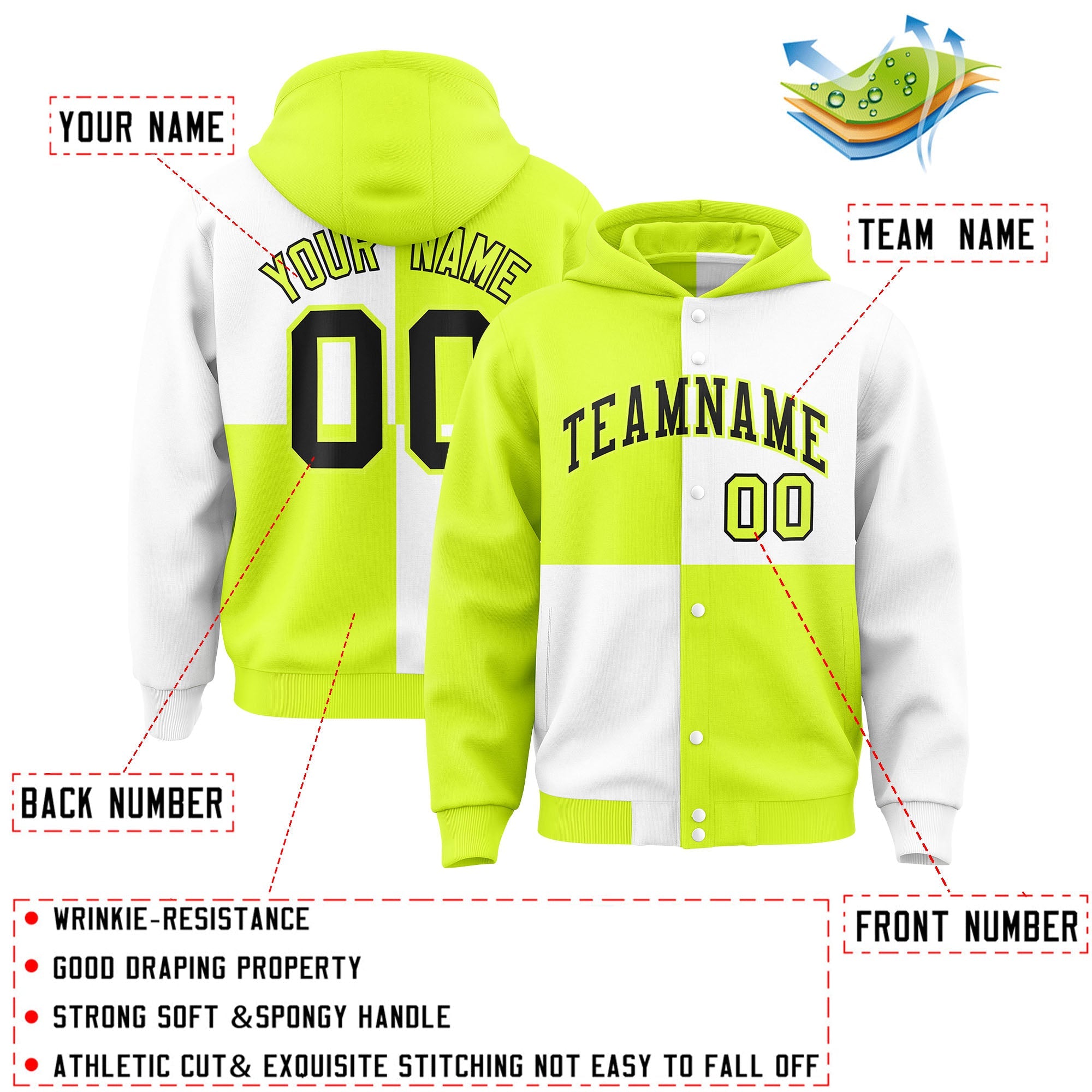 Custom Green White Varsity Full-Snap Four Squares Color Block Letterman Hoodie Jacket