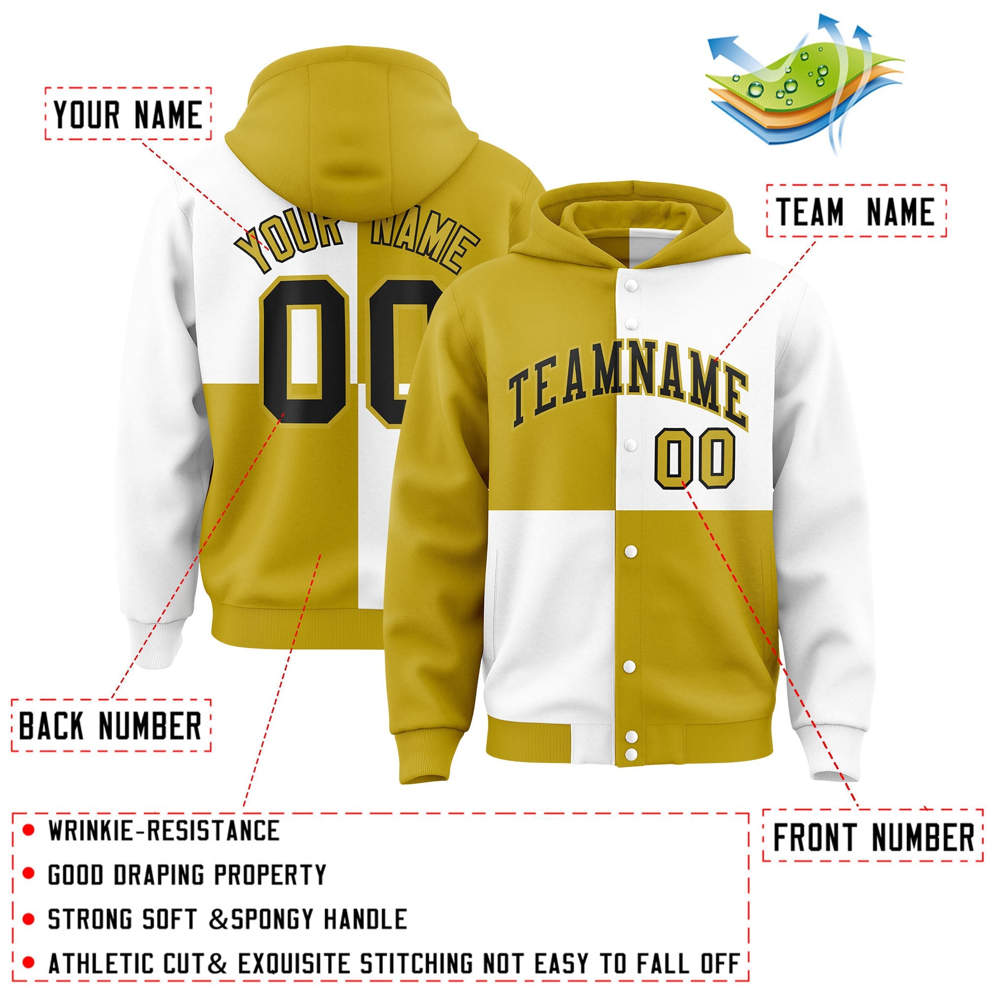 Custom Old Gold White Varsity Full-Snap Four Squares Color Block Letterman Hoodie Jacket