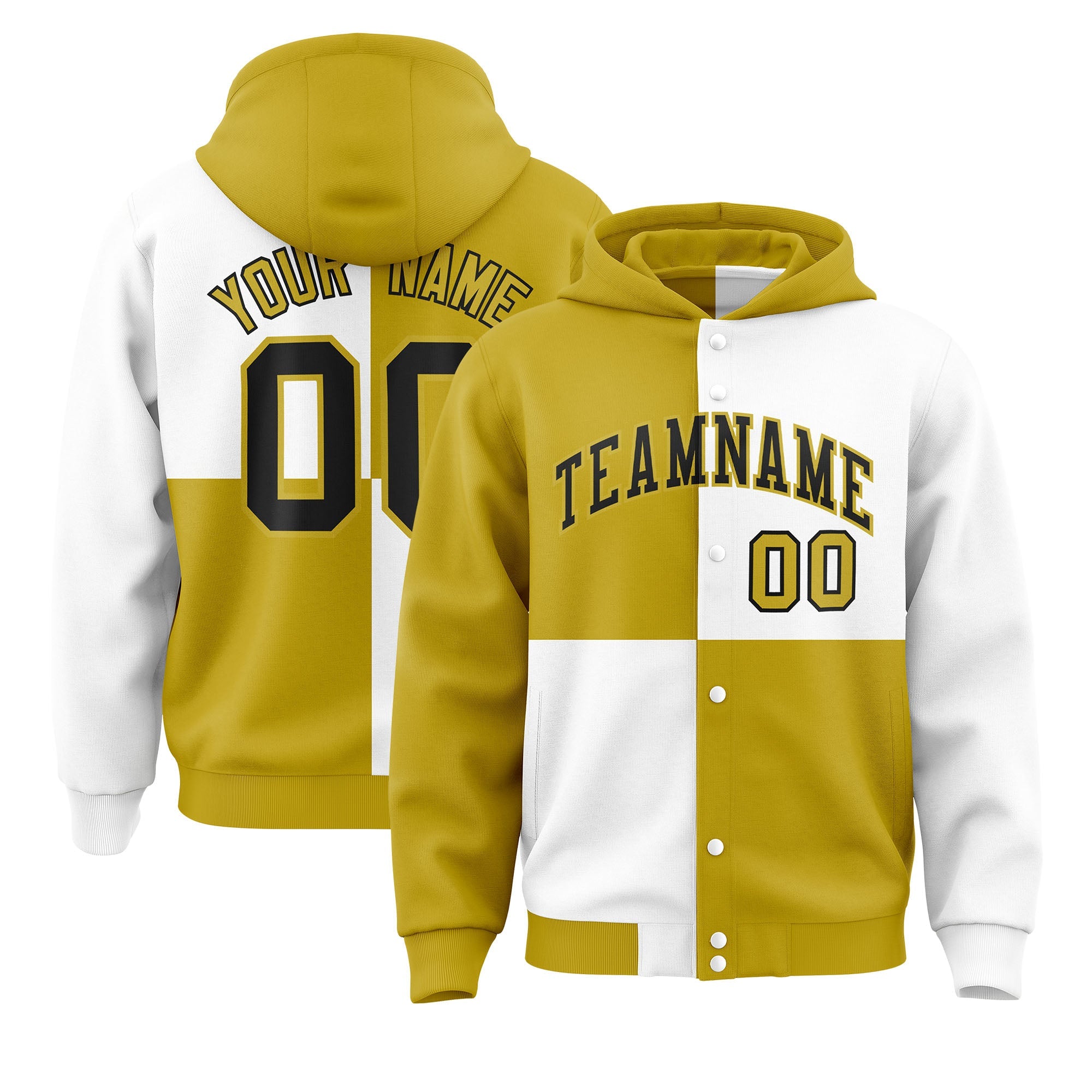 Custom Old Gold White Varsity Full-Snap Four Squares Color Block Letterman Hoodie Jacket