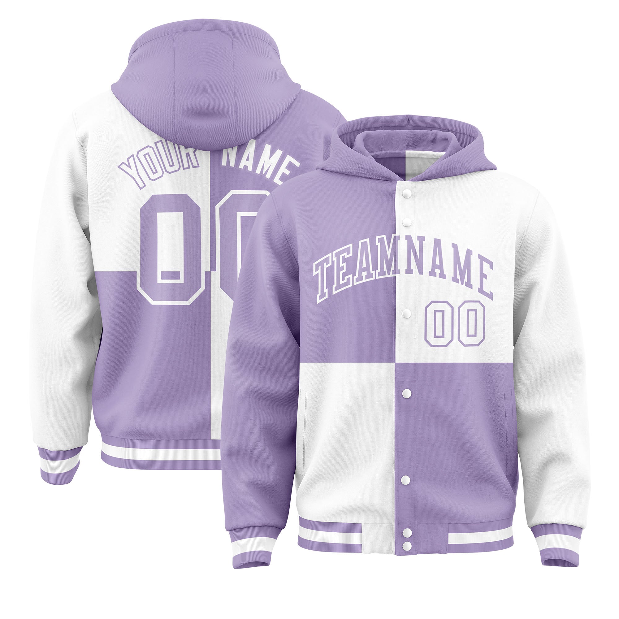 Custom Light Purple White Varsity Full-Snap Four Squares Color Block Letterman Hoodie Jacket