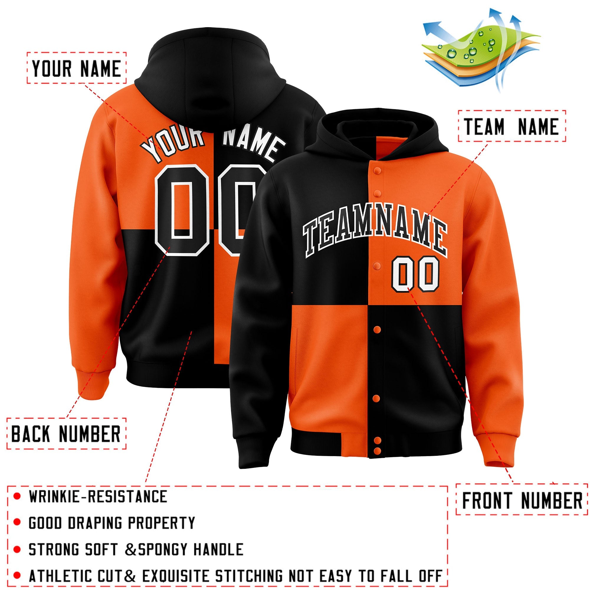 Custom Black Orange Varsity Full-Snap Four Squares Color Block Letterman Hoodie Jacket