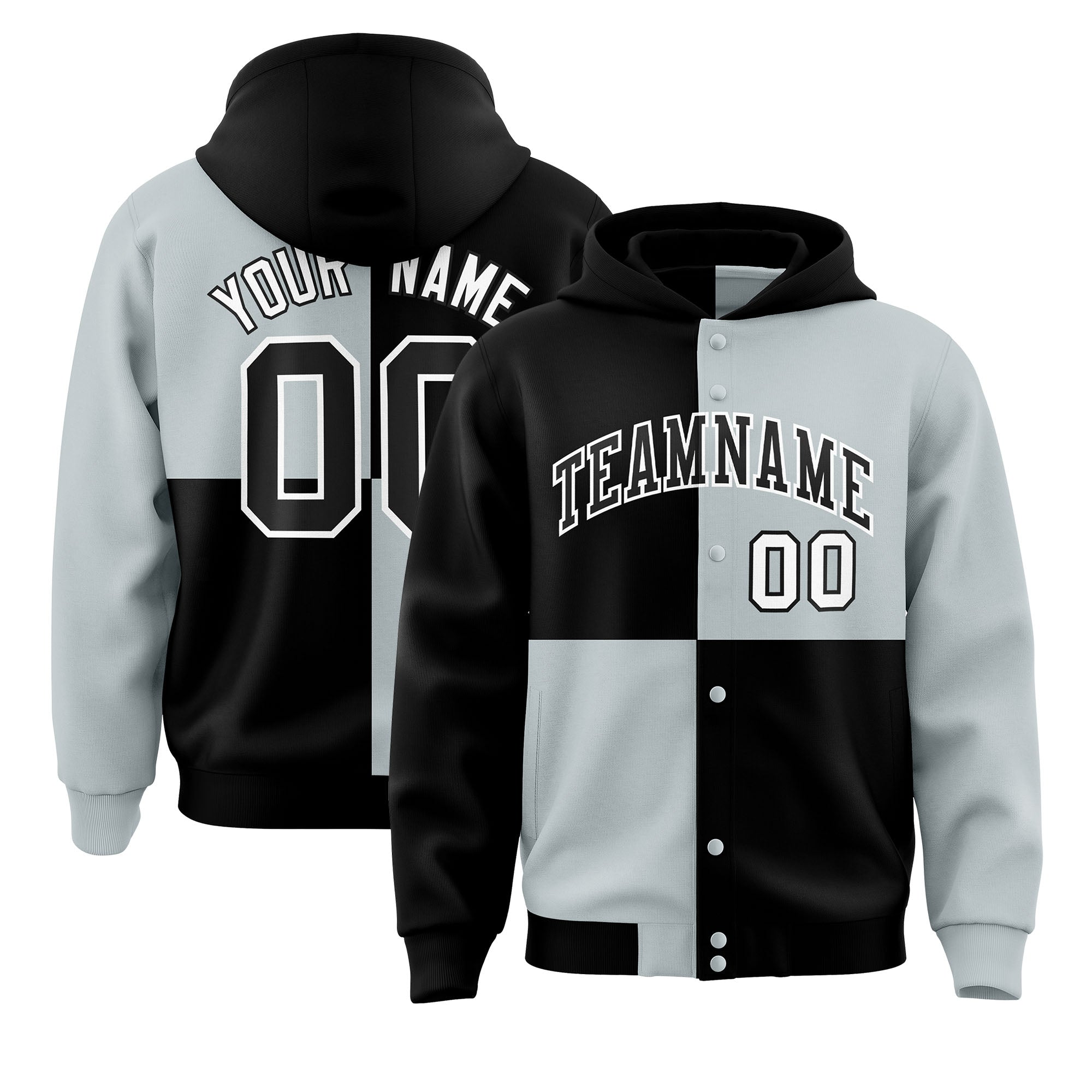 Custom Black Silver Varsity Full-Snap Four Squares Color Block Letterman Hoodie Jacket