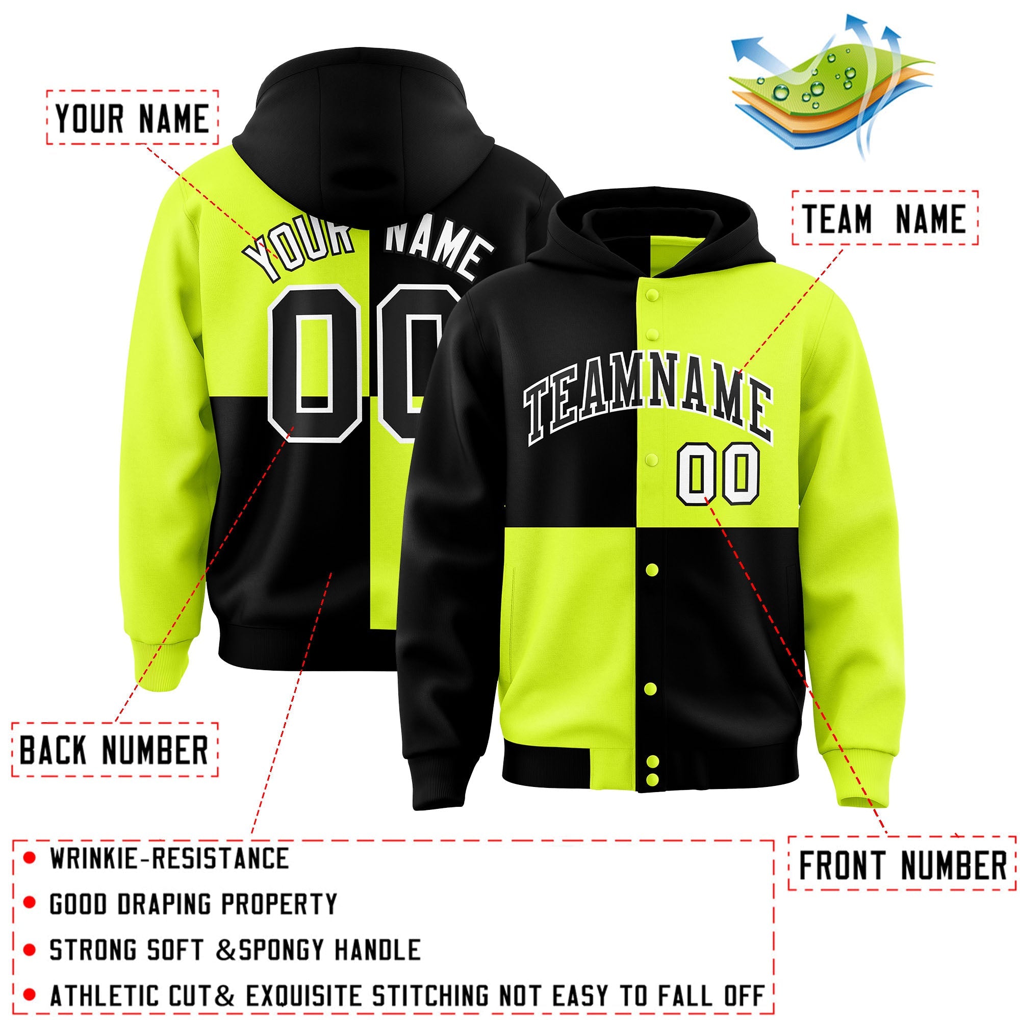 Custom Black Green Varsity Full-Snap Four Squares Color Block Letterman Hoodie Jacket