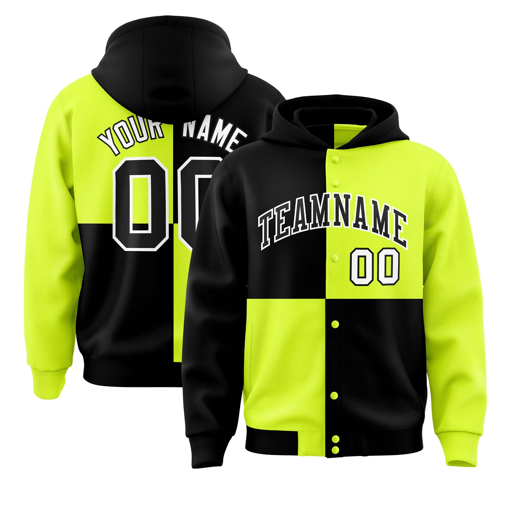 Custom Black Green Varsity Full-Snap Four Squares Color Block Letterman Hoodie Jacket