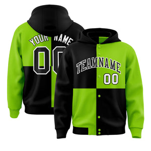 Custom Black Neon Green Varsity Full-Snap Four Squares Color Block Letterman Hoodie Jacket