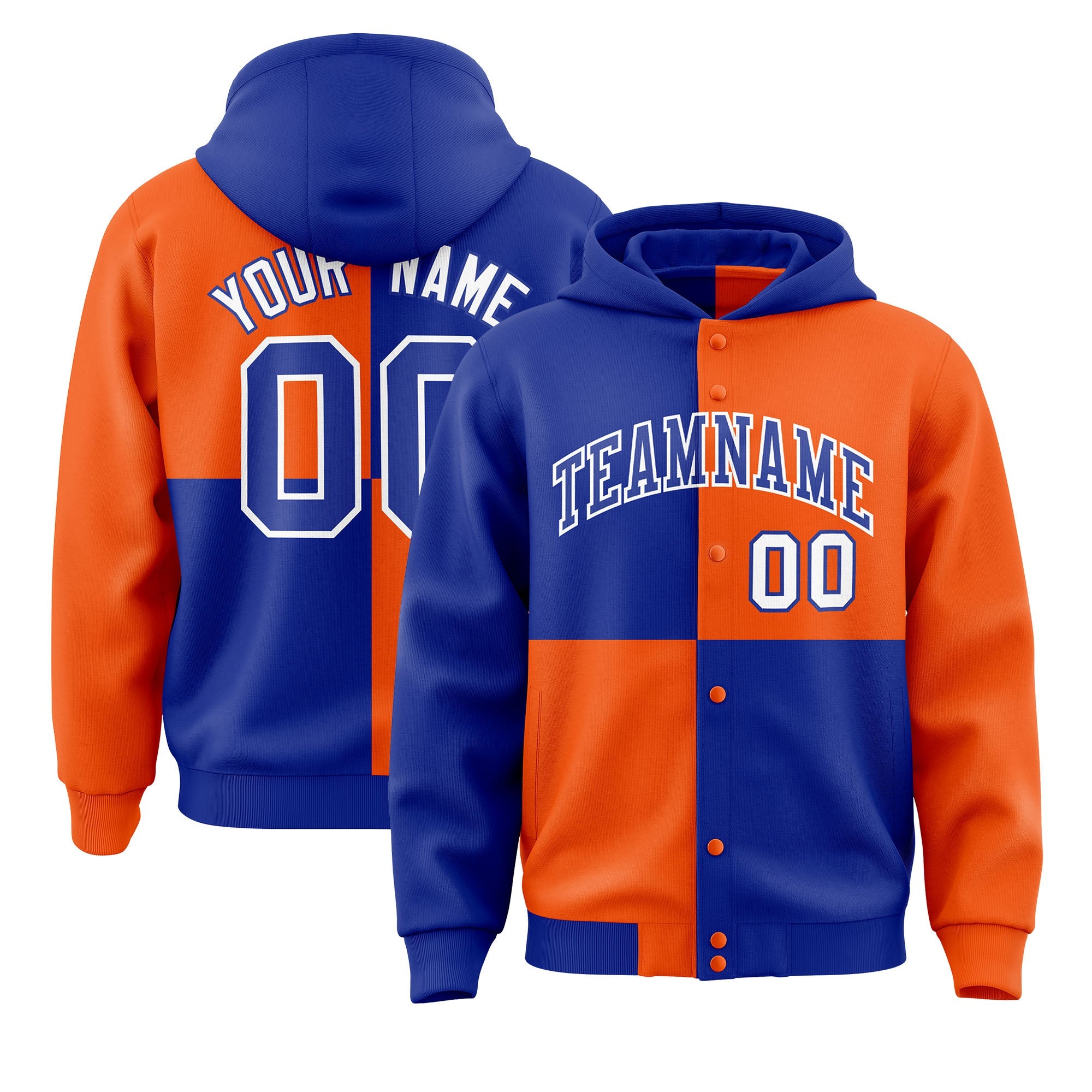 Custom Royal Orange Varsity Full-Snap Four Squares Color Block Letterman Hoodie Jacket