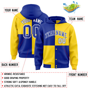 Custom Royal Gold Varsity Full-Snap Four Squares Color Block Letterman Hoodie Jacket