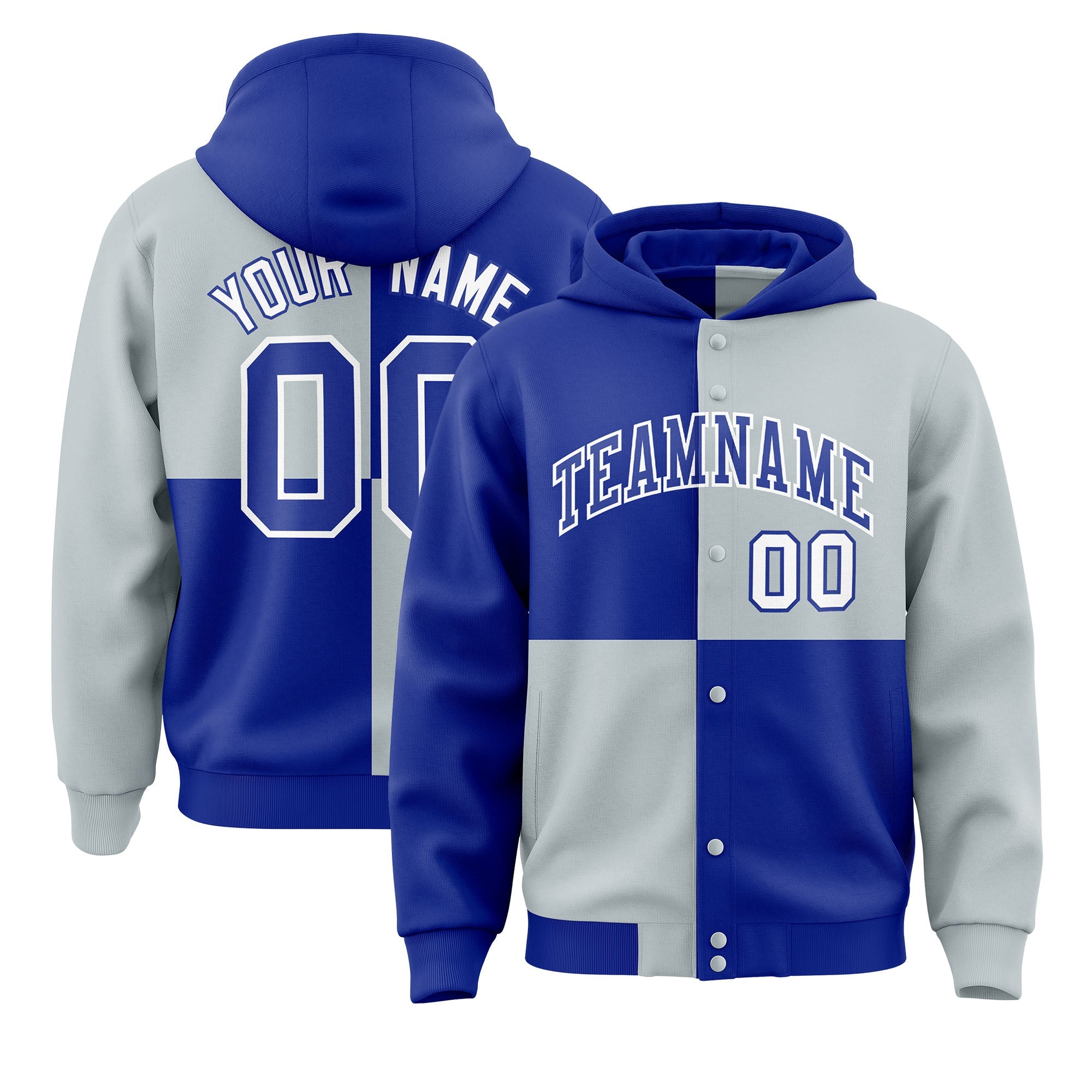 Custom Royal Silver Varsity Full-Snap Four Squares Color Block Letterman Hoodie Jacket