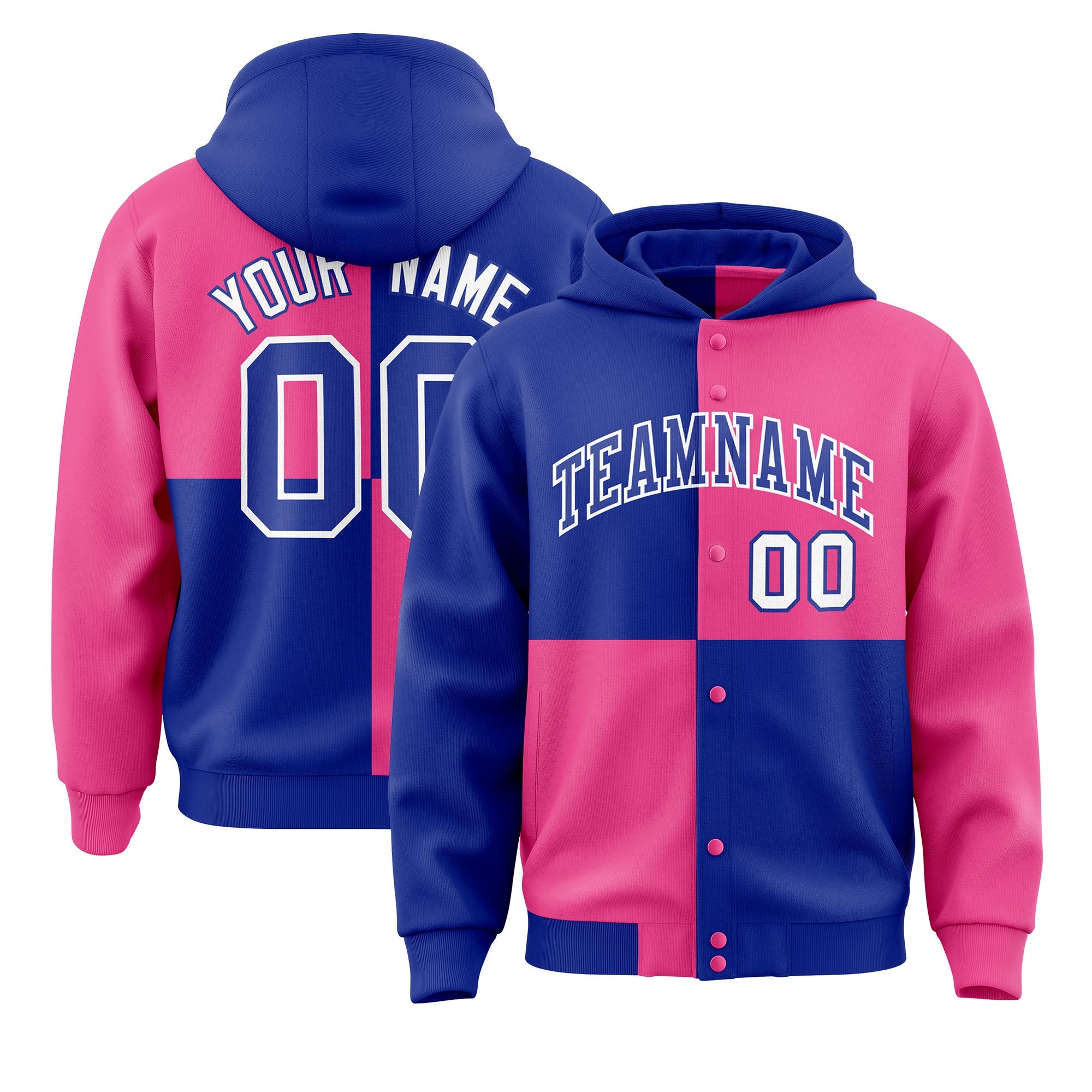 Custom Royal Pink Varsity Full-Snap Four Squares Color Block Letterman Hoodie Jacket