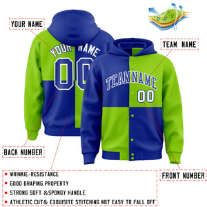 Custom Royal Neon Green Varsity Full-Snap Four Squares Color Block Letterman Hoodie Jacket