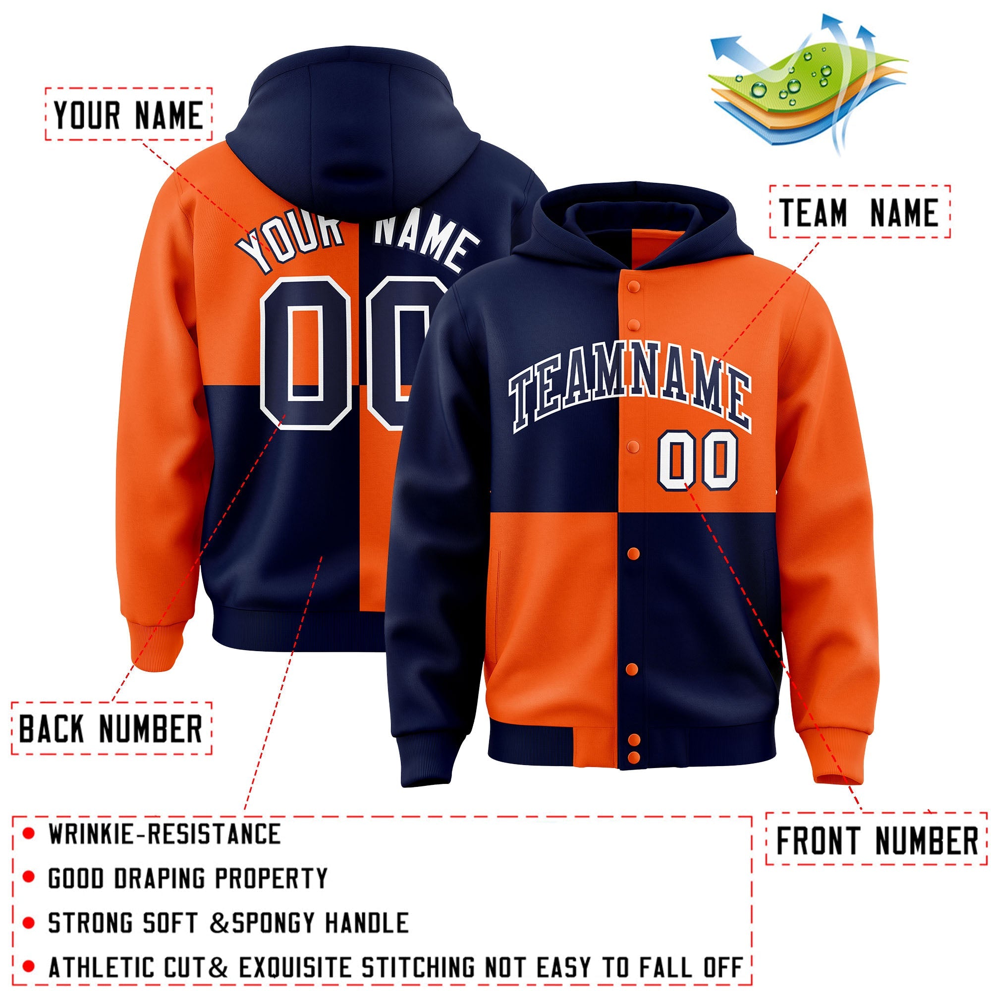 Custom Navy Orange Varsity Full-Snap Four Squares Color Block Letterman Hoodie Jacket