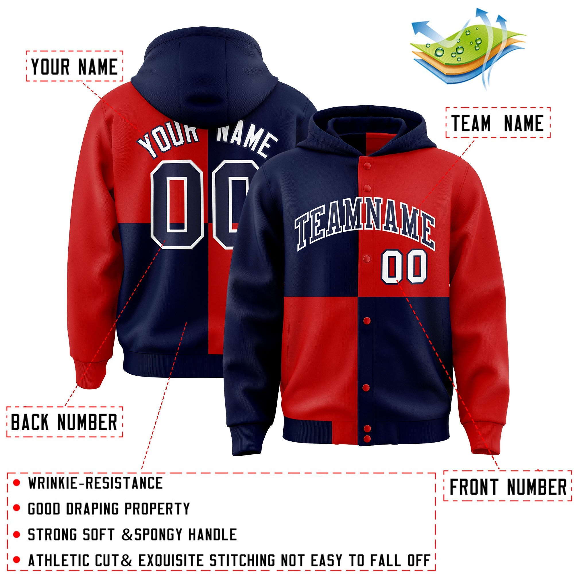 Custom Navy Red Varsity Full-Snap Four Squares Color Block Letterman Hoodie Jacket