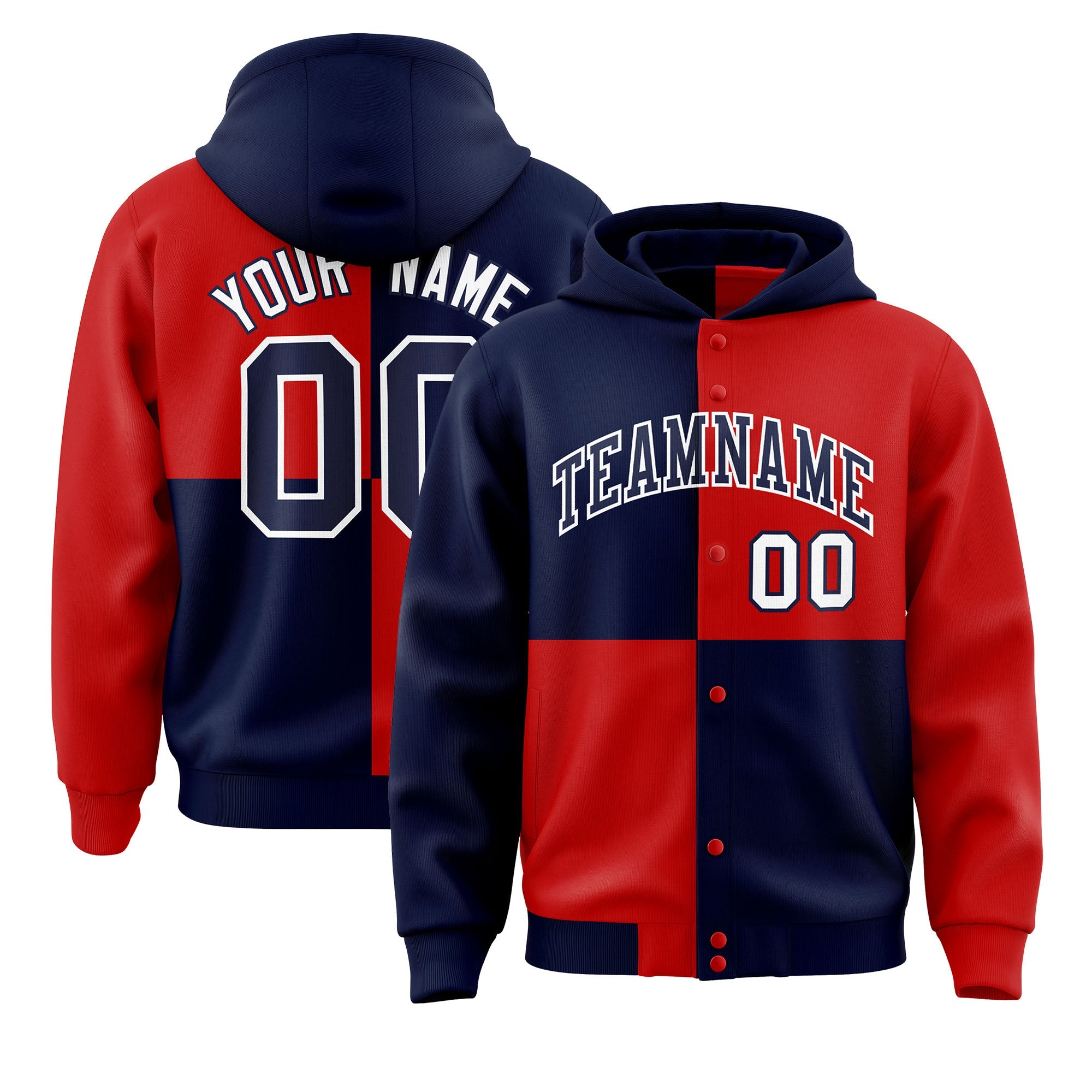 Custom Navy Red Varsity Full-Snap Four Squares Color Block Letterman Hoodie Jacket