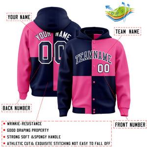 Custom Navy Pink Varsity Full-Snap Four Squares Color Block Letterman Hoodie Jacket