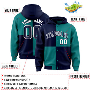 Custom Navy Aqua Varsity Full-Snap Four Squares Color Block Letterman Hoodie Jacket