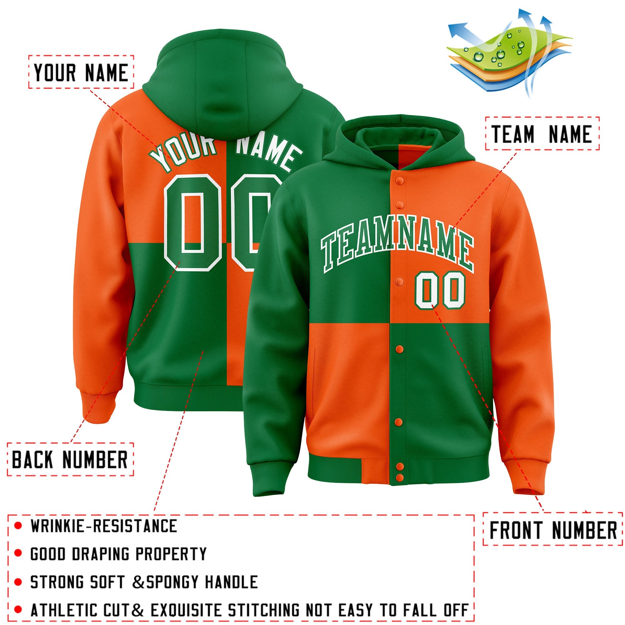 Custom Kelly Green Orange Varsity Full-Snap Four Squares Color Block Letterman Hoodie Jacket