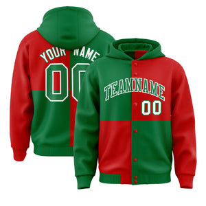 Custom Kelly Green Red Varsity Full-Snap Four Squares Color Block Letterman Hoodie Jacket