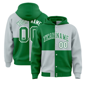 Custom Kelly Green Silver Varsity Full-Snap Four Squares Color Block Letterman Hoodie Jacket