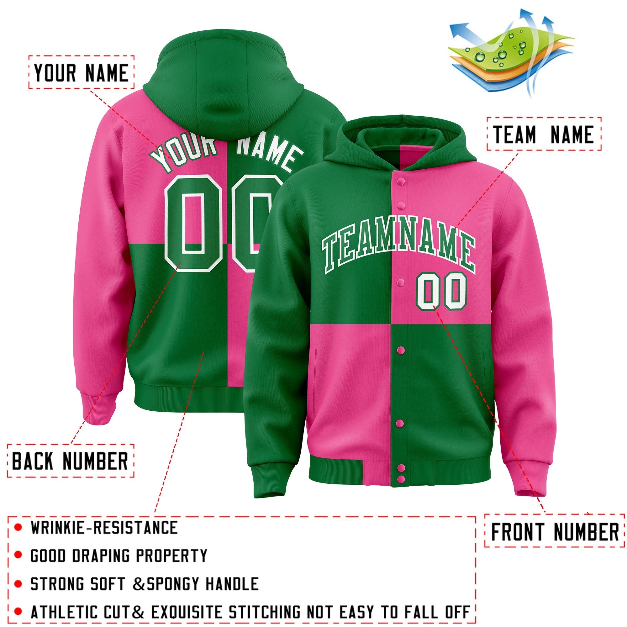 Custom Kelly Green Pink Varsity Full-Snap Four Squares Color Block Letterman Hoodie Jacket