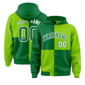 Custom Kelly Green Neon Green Varsity Full-Snap Four Squares Color Block Letterman Hoodie Jacket