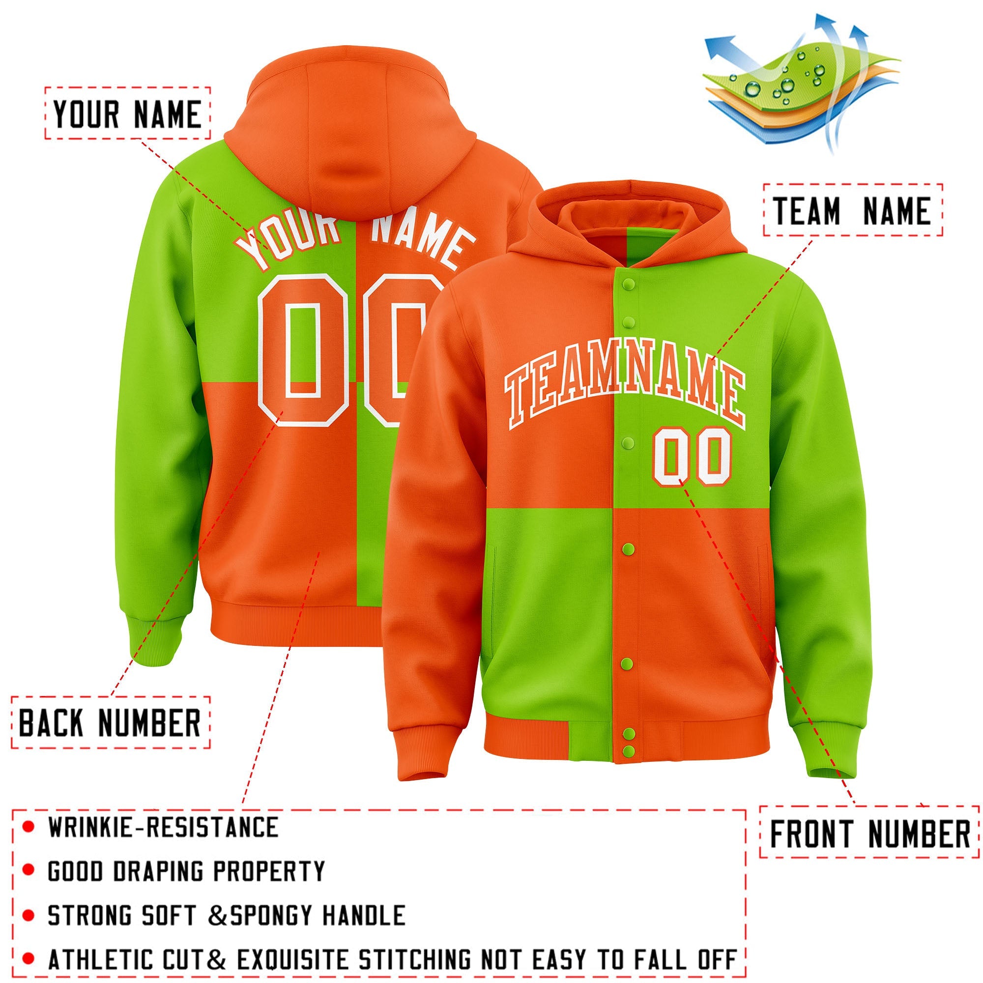 Custom Orange Neon Green Varsity Full-Snap Four Squares Color Block Letterman Hoodie Jacket