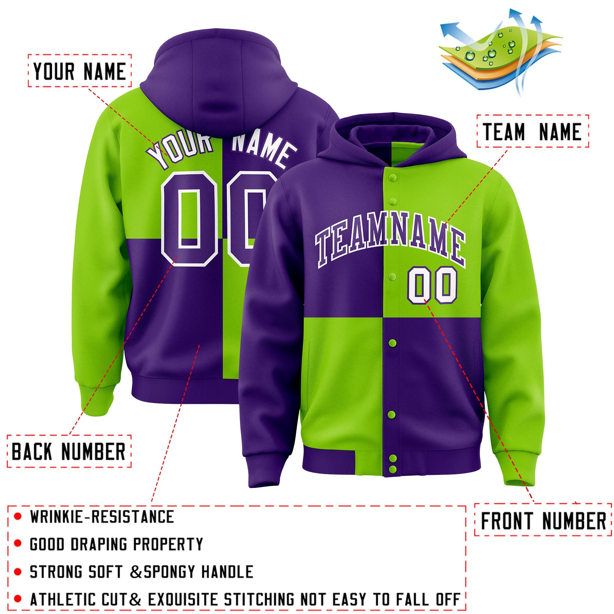 Custom Purple Neon Green Varsity Full-Snap Four Squares Color Block Letterman Hoodie Jacket