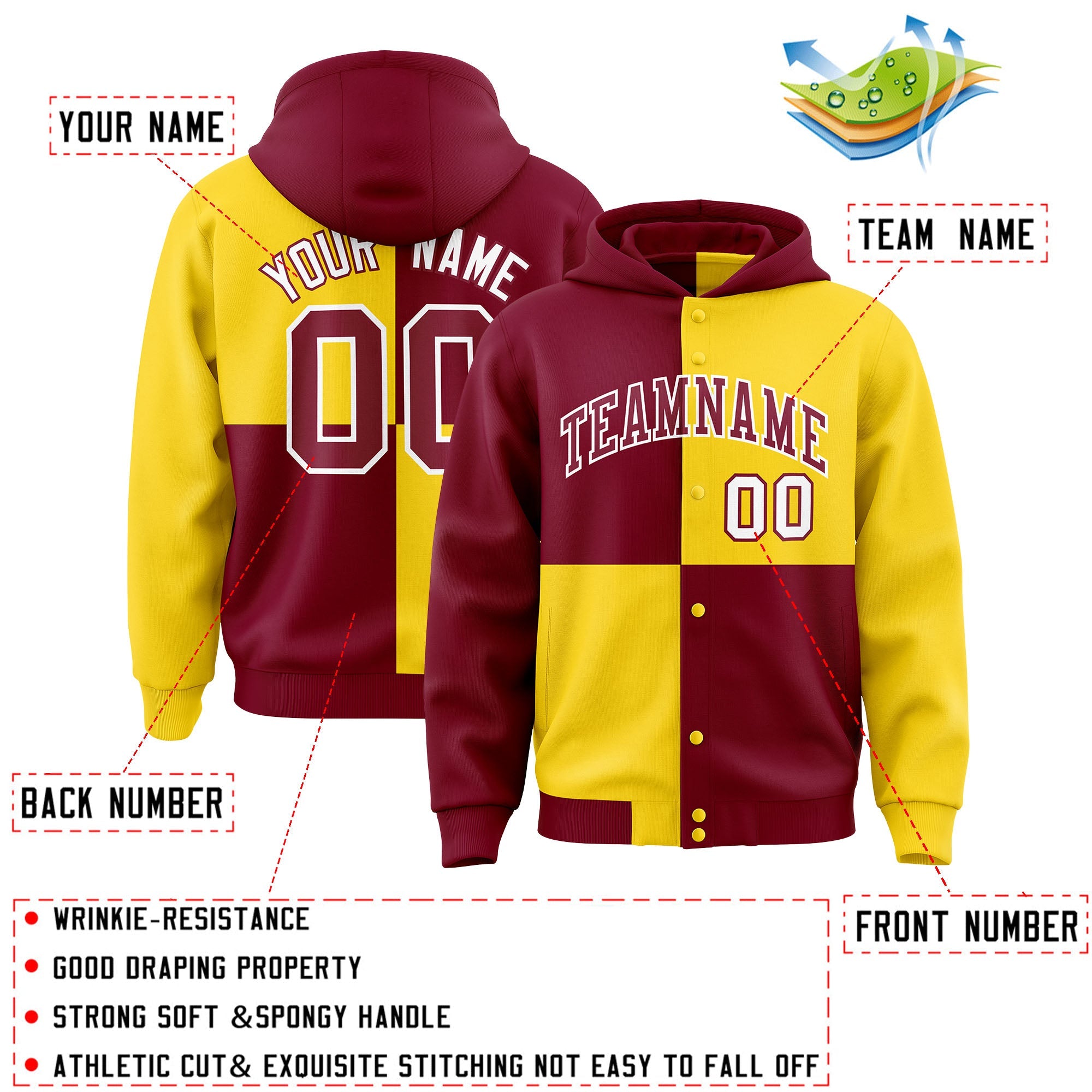 Custom Crimson Gold Varsity Full-Snap Four Squares Color Block Letterman Hoodie Jacket