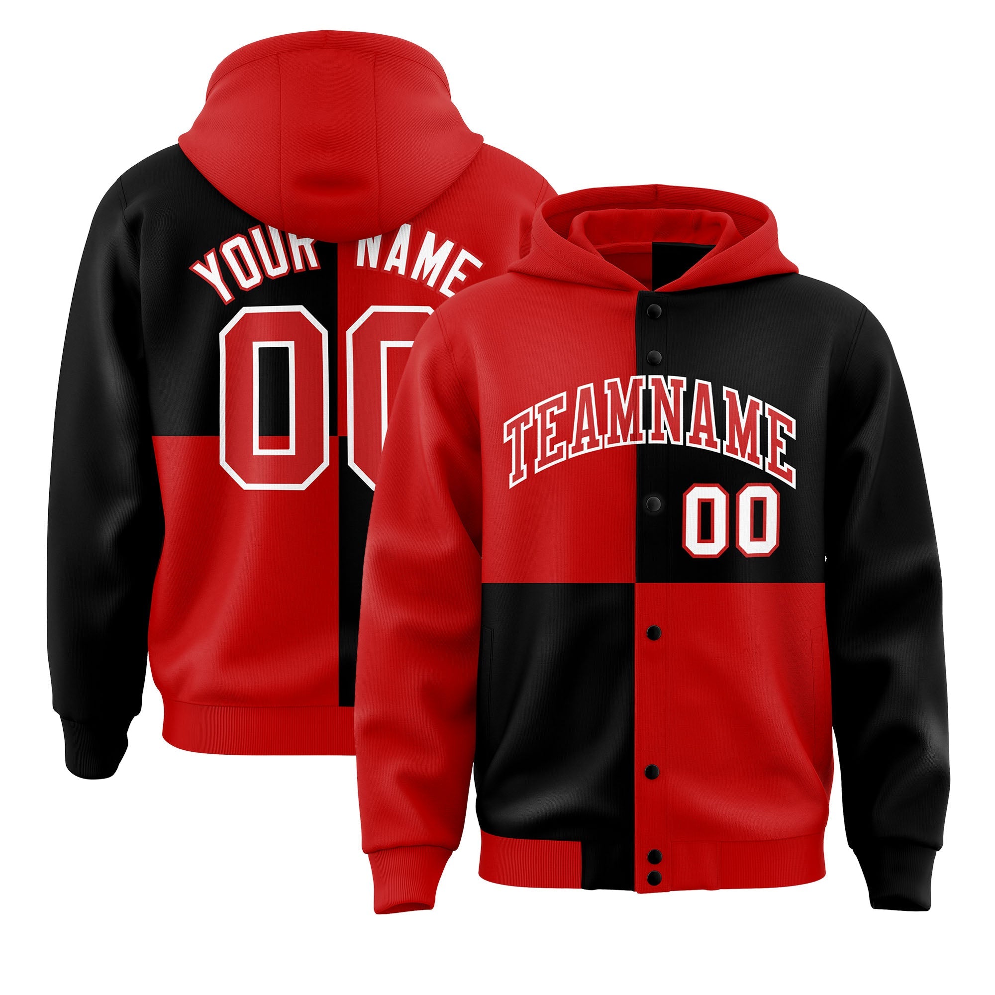 Custom Red Black Varsity Full-Snap Four Squares Color Block Letterman Hoodie Jacket