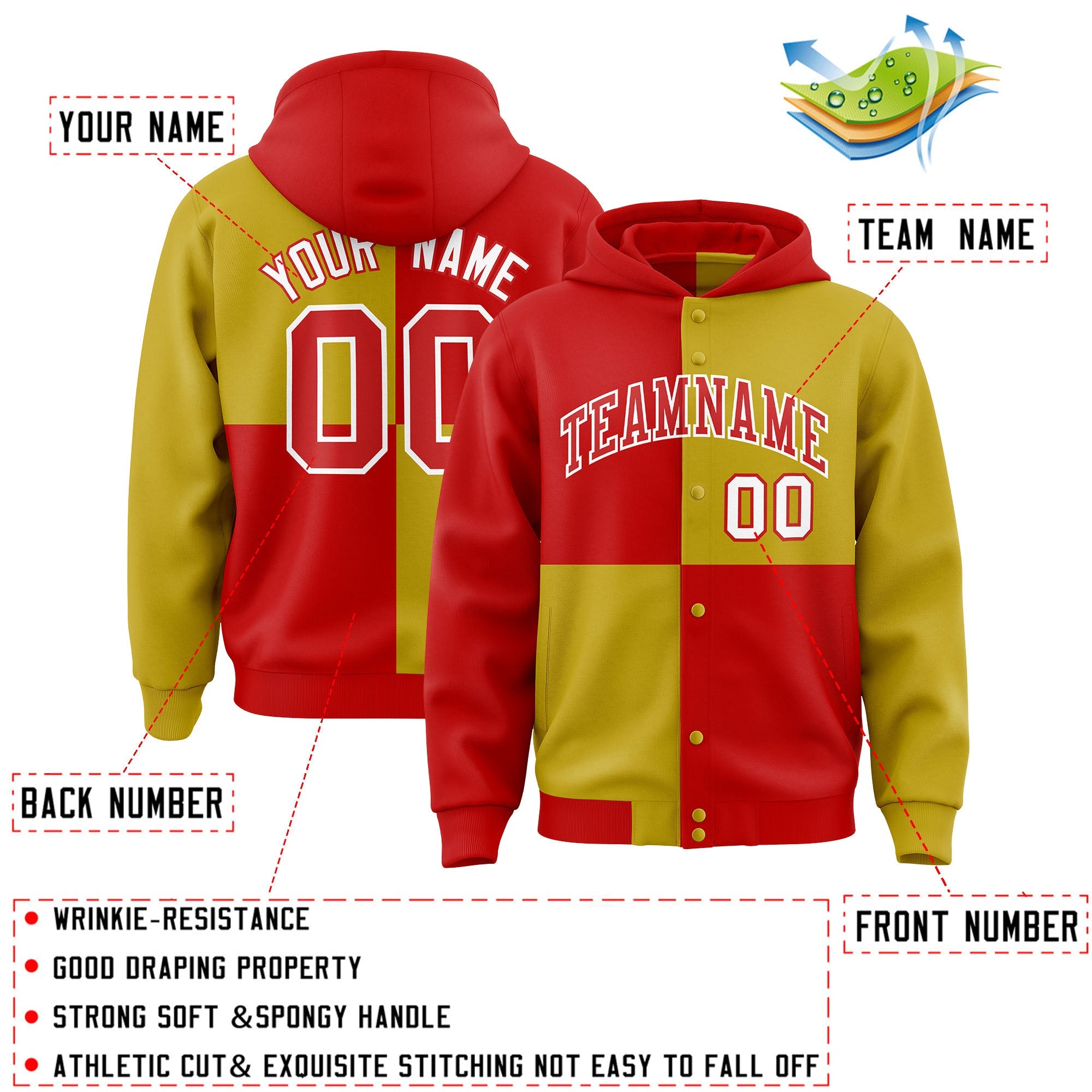 Custom Red Old Gold Varsity Full-Snap Four Squares Color Block Letterman Hoodie Jacket